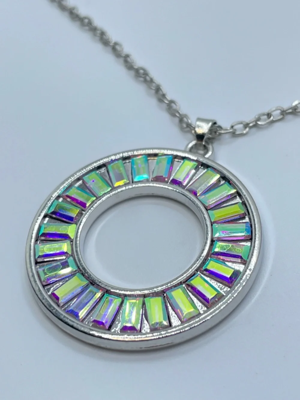 Silver Tone AB Crystal Necklace Aurora Borealis Sparkle Statement